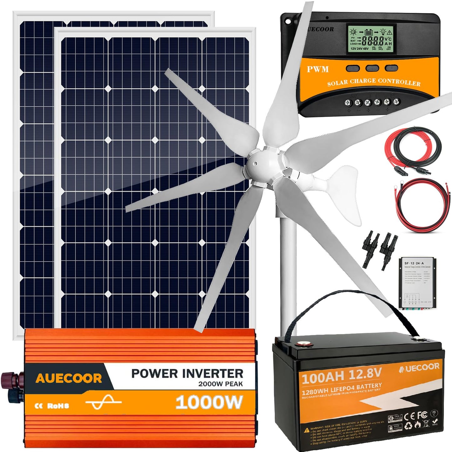 640W Solar Wind Power Kit Hybrid System12V, 2x120W Solar Panel+400W Wind Turbine with Wind Controller+12.8V 100Ah LiFePO4 Battery+1000W Pure Power