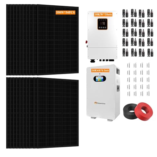 30KW Hybrid Solar Power System Complete Kit 54PCS 550W Solar Panel (30KW) + 3 Sets 48V 10KW Split Phase Inverter Built in MPPT+ 6 Sets-51.2V 314Ah