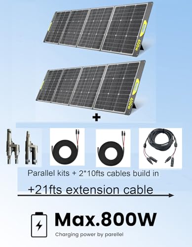 800W Portable Solar Panel, 2pcs 400W Portable Solar Panels 39V, 23% Efficiency Foldable IP67 Waterproof Adjustable Kickstands, Off-Grid Power Smart