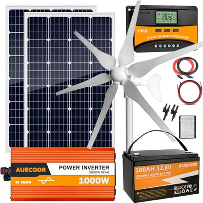 640W Solar Wind Power Kit Hybrid System12V, 2x120W Solar Panel+400W Wind Turbine with Wind Controller+12.8V 100Ah LiFePO4 Battery+1000W Pure Power