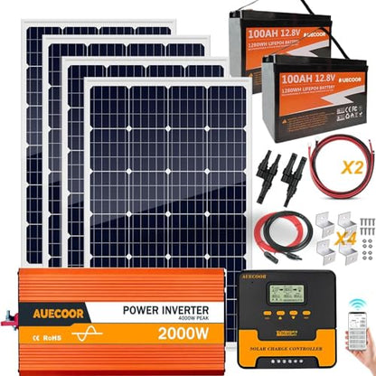 1.92KWH Complete Solar Panel Kit for RV Off Grid Solar System |2x100Ah LiFePO4 Lithium Batteries| 4x120W Mono Rigid Solar Panels |2000W Power