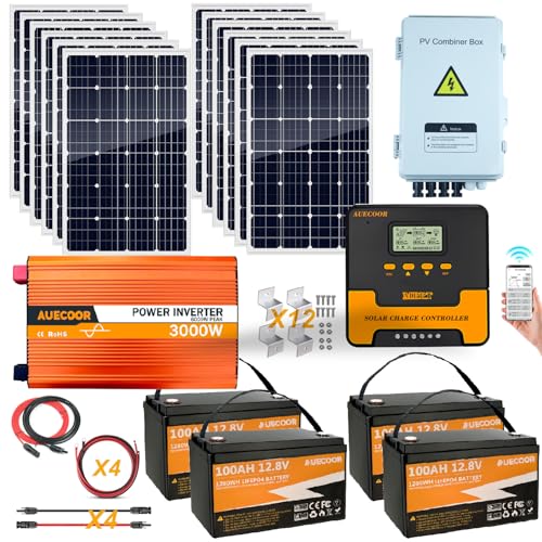 3000W 24V Solar Power System Complete Kit with 1440W (12×120W) Solar Panel 3KW Peak 6KW Pure Sine Wave Inverter, 5.12KWH LifePO4 Battery,PV Combiner