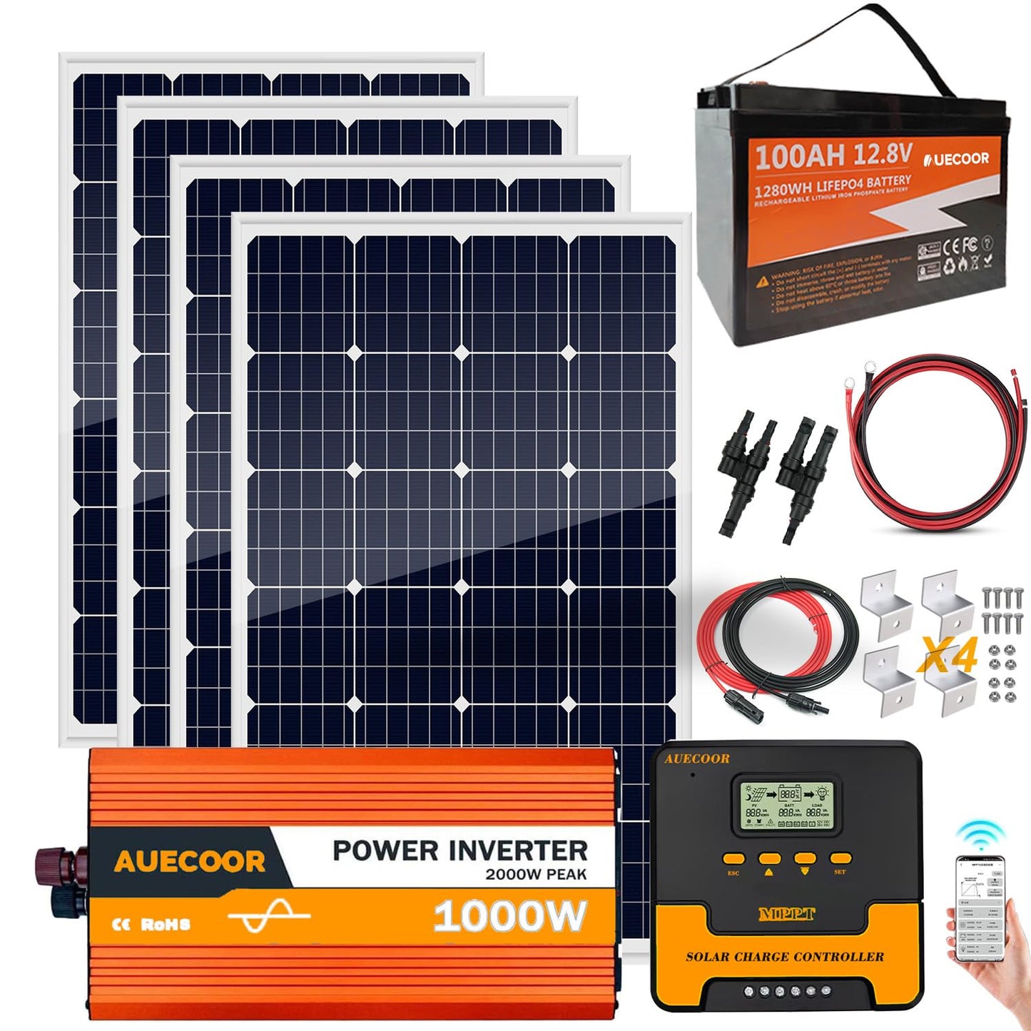 1.92KWH Complete Solar Panel Kit for RV Off Grid Solar System |1x100Ah LiFePO4 Lithium Batteries| 4x120W Mono Rigid Solar Panels |1000W Power