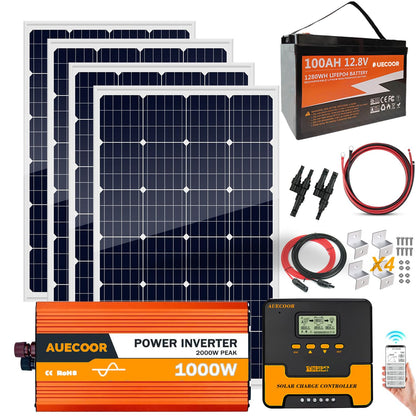 1.92KWH Complete Solar Panel Kit for RV Off Grid Solar System |1x100Ah LiFePO4 Lithium Batteries| 4x120W Mono Rigid Solar Panels |1000W Power