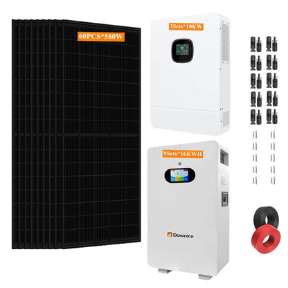 30KW Off-Grid Solar System Complete Kit Home Kit with 34.8KW Solar Panels+30KW 48V Solar Inverter+ 51.2V LiFePo4 Solar Battery with UL