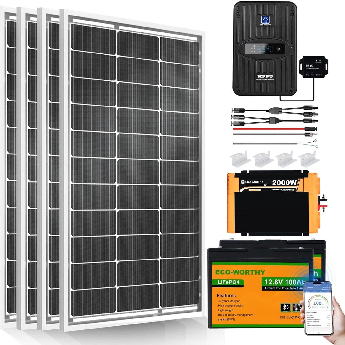3000W 24V Solar Power System Complete Kit with 1440W (12×120W) Solar Panel 3KW Peak 6KW Pure Sine Wave Inverter, 5.12KWH LifePO4 Battery,PV Combiner