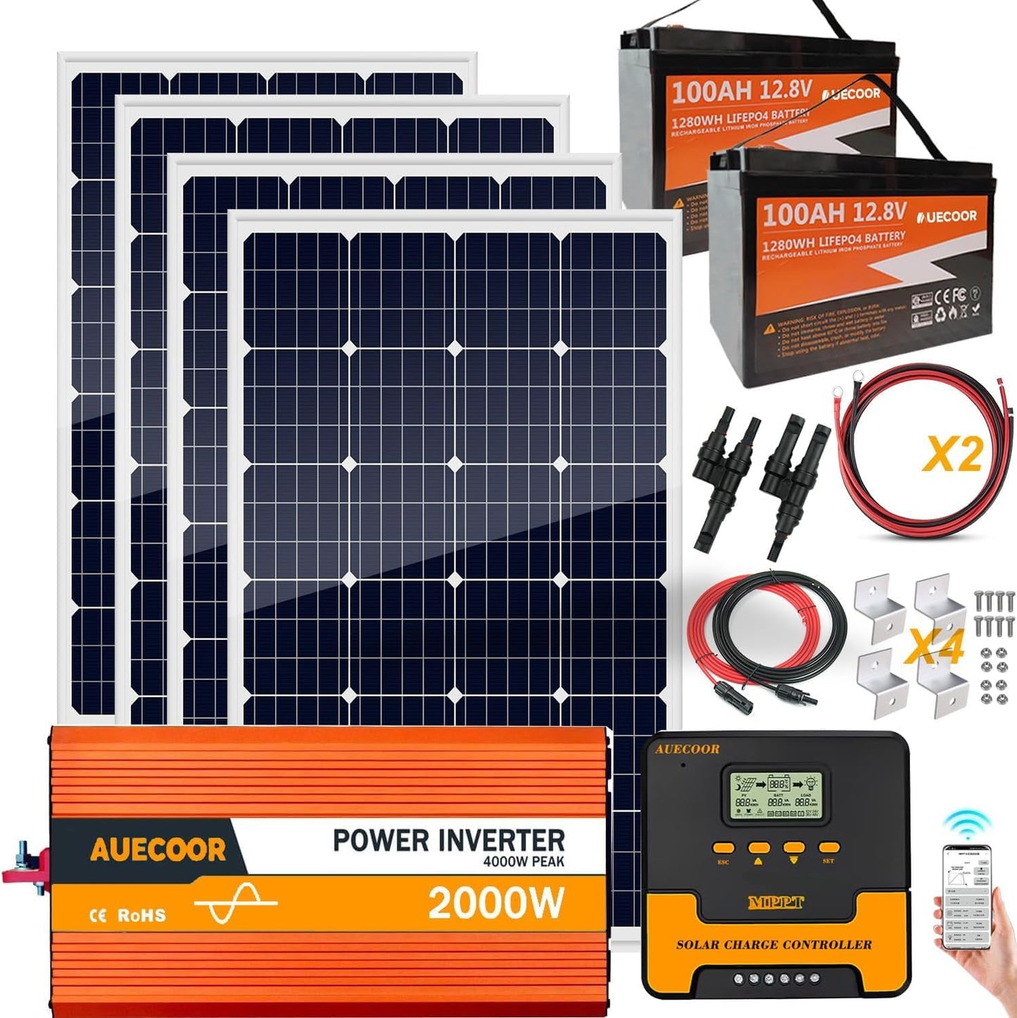 1.92KWH Complete Solar Panel Kit for RV Off Grid Solar System |2x100Ah LiFePO4 Lithium Batteries| 4x120W Mono Rigid Solar Panels |2000W Power