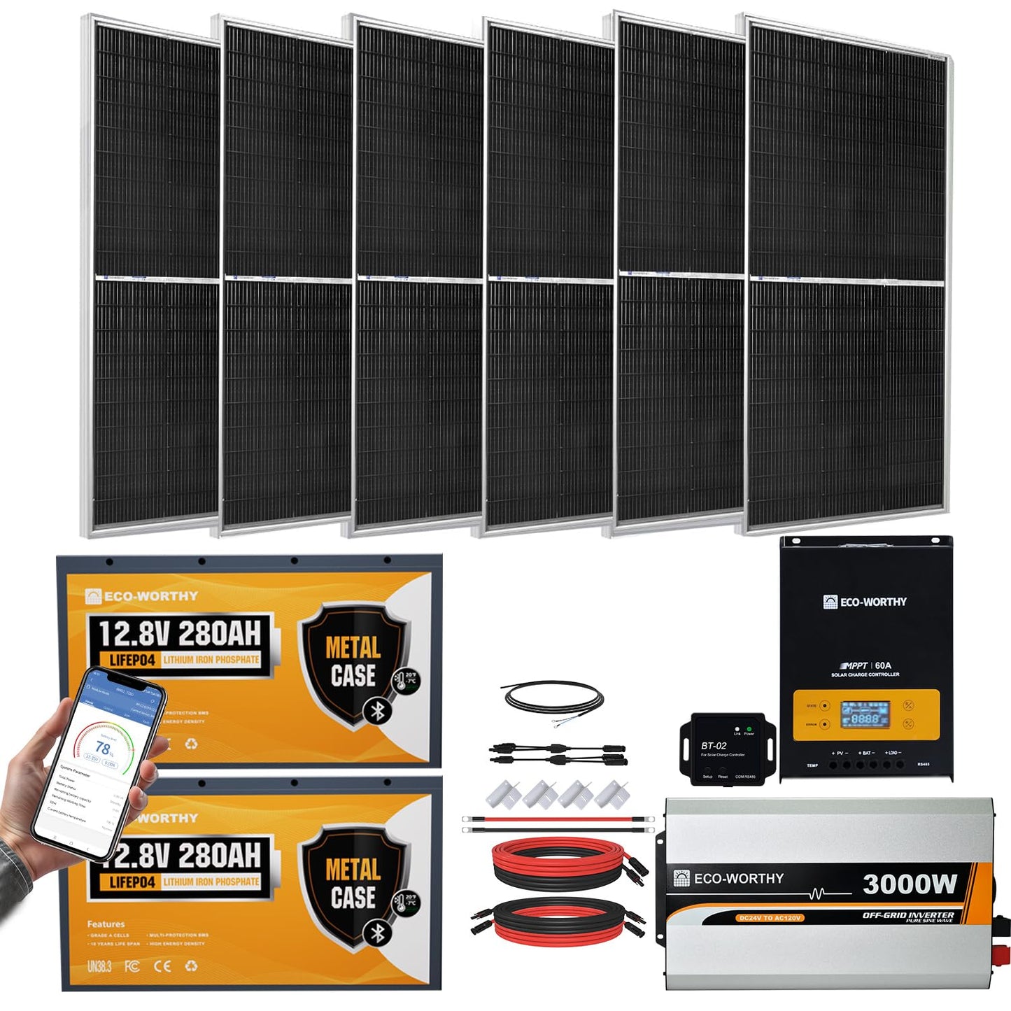 3000W 24V Solar Power System Complete Kit with 1440W (12×120W) Solar Panel 3KW Peak 6KW Pure Sine Wave Inverter, 5.12KWH LifePO4 Battery,PV Combiner