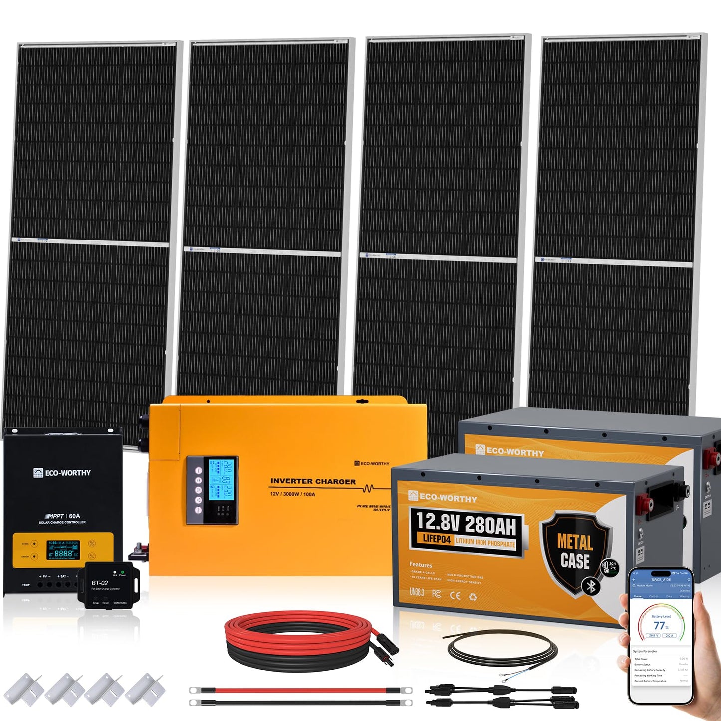 3000W 24V Solar Power System Complete Kit with 1440W (12×120W) Solar Panel 3KW Peak 6KW Pure Sine Wave Inverter, 5.12KWH LifePO4 Battery,PV Combiner