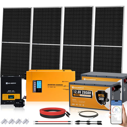 3000W 24V Solar Power System Complete Kit with 1440W (12×120W) Solar Panel 3KW Peak 6KW Pure Sine Wave Inverter, 5.12KWH LifePO4 Battery,PV Combiner