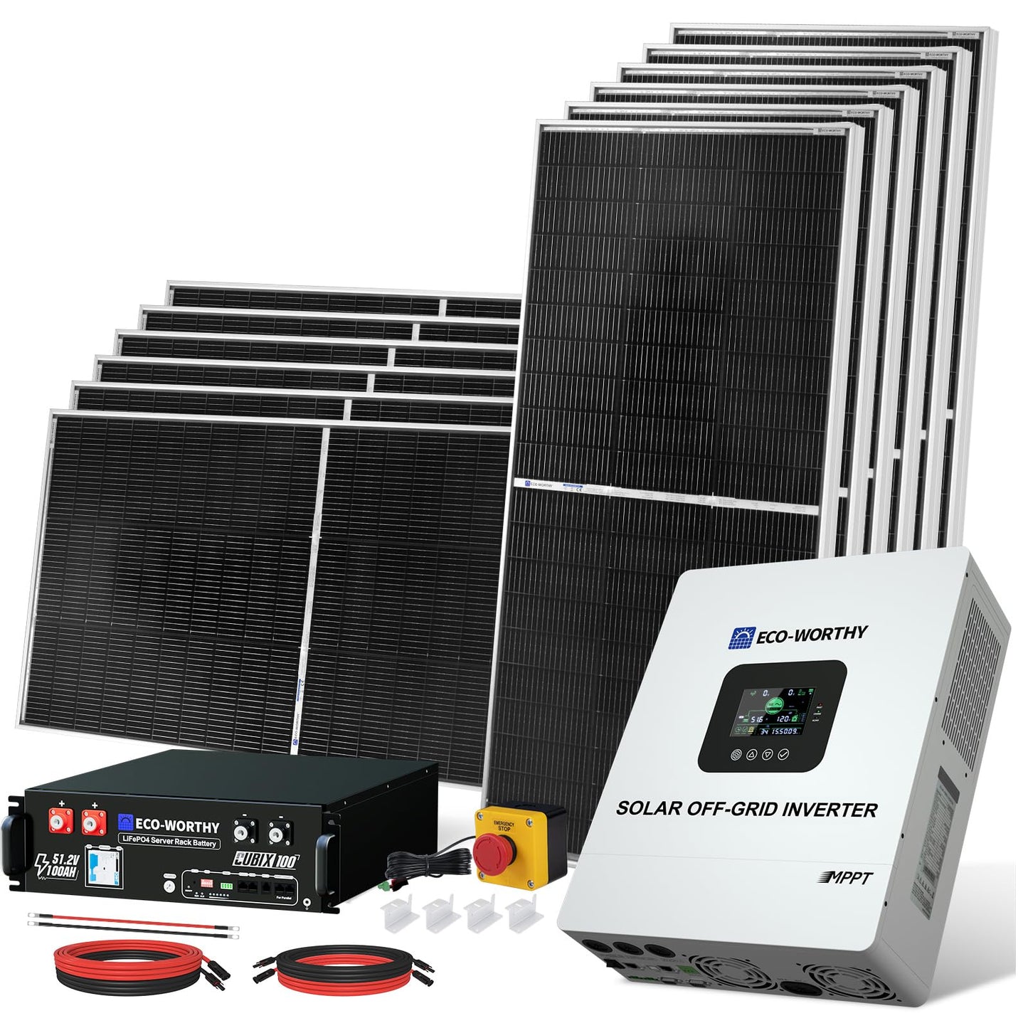3000W 24V Solar Power System Complete Kit with 1440W (12×120W) Solar Panel 3KW Peak 6KW Pure Sine Wave Inverter, 5.12KWH LifePO4 Battery,PV Combiner