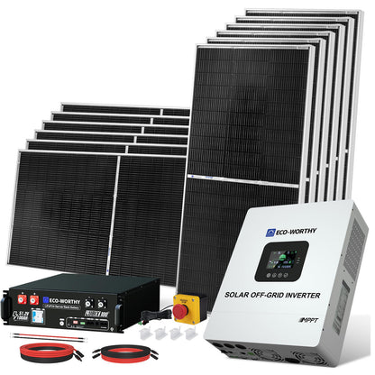 3000W 24V Solar Power System Complete Kit with 1440W (12×120W) Solar Panel 3KW Peak 6KW Pure Sine Wave Inverter, 5.12KWH LifePO4 Battery,PV Combiner