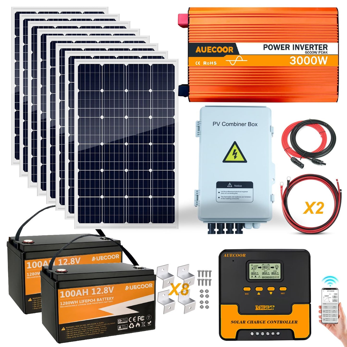 3000W 24V Solar Power System Complete Kit with 1440W (12×120W) Solar Panel 3KW Peak 6KW Pure Sine Wave Inverter, 5.12KWH LifePO4 Battery,PV Combiner