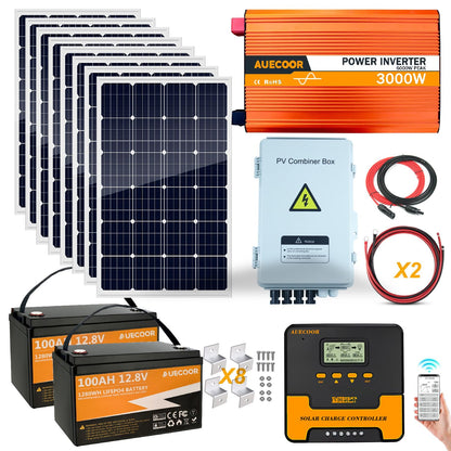 3000W 24V Solar Power System Complete Kit with 1440W (12×120W) Solar Panel 3KW Peak 6KW Pure Sine Wave Inverter, 5.12KWH LifePO4 Battery,PV Combiner